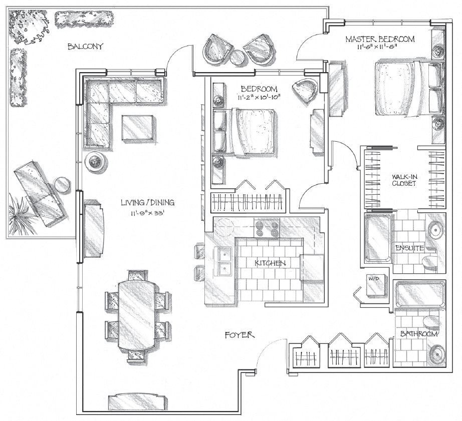 Floor plan for 2 beds, 2 baths, 1196 sqft